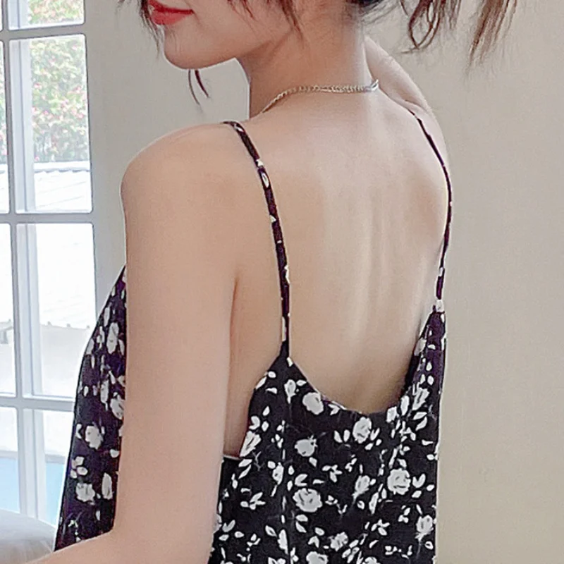 QWEEK  Lingerie Sexy Woman Nightie Ladies Floral Print Sling Nightdress Satin Sleepwear Spaghetti Strap Nightwear Homewear