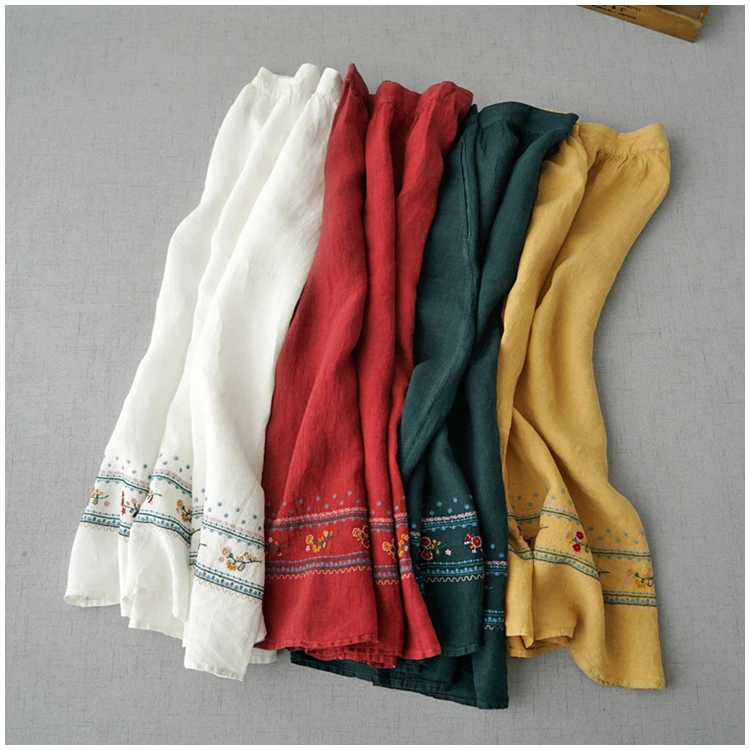 

68-88cm Elastic Waist / Spring Summer Women All-match Casual Loose Floral Embroidered Comfortable Water Washed LInen Skirts