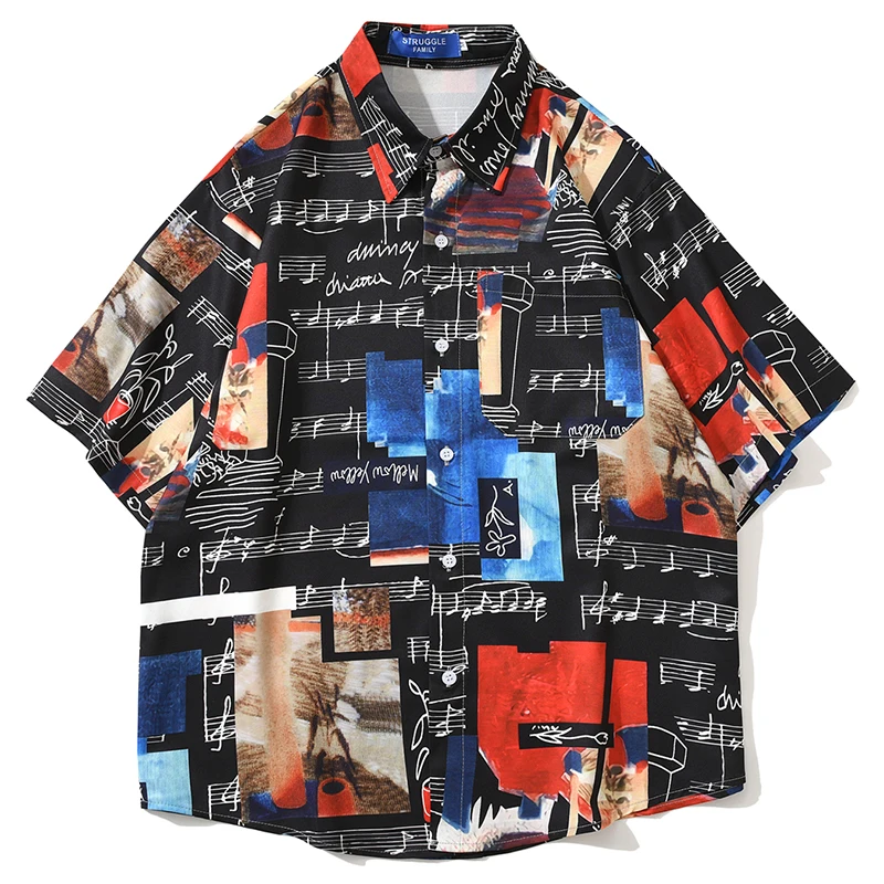 

Summer Men Short Sleeve Hawaiian Shirt Hip Hop Music Score Print Beach Blouse Streetwear Harajuku Fashion Casual Aloha Shirts