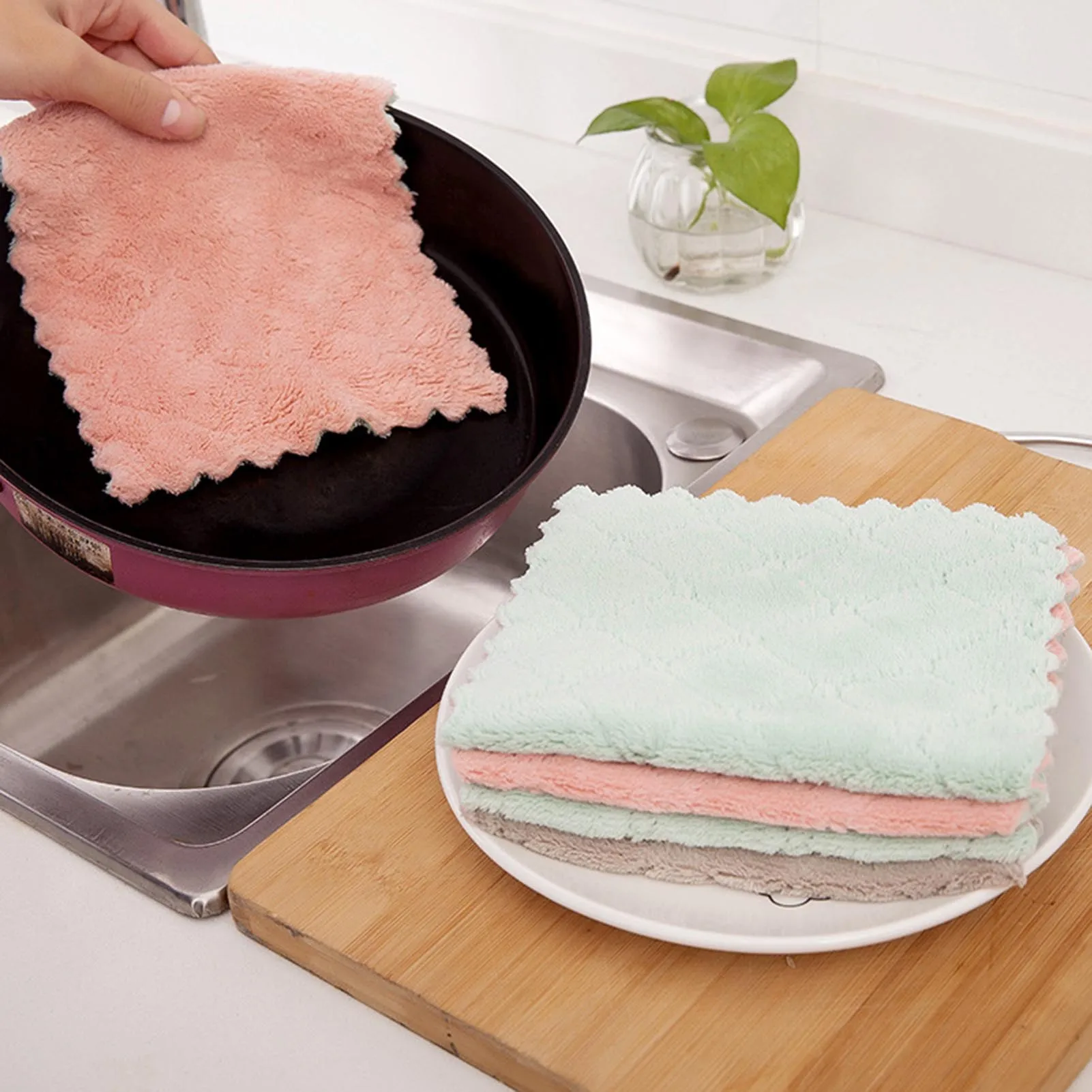 

10pcs Kitchen Cleaning Rag Coral Fleece Dish Washing Cloth Super Absorbent Scouring Pad Dry And Wet Kitchen Cleaning Towels