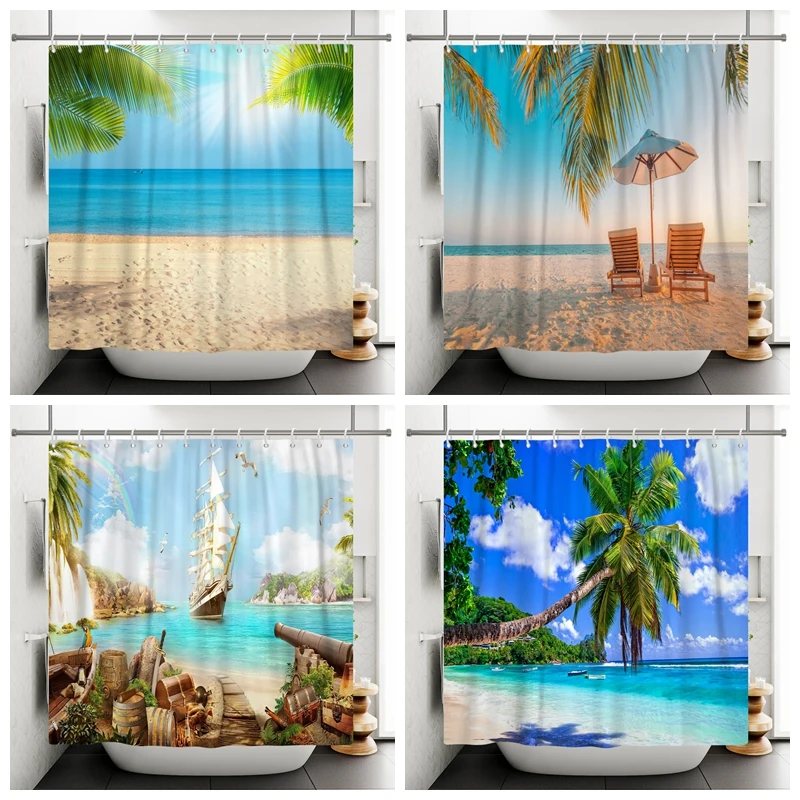 

Summer Seaside Beach Shower Curtains Landscape Palm Tree Bathroom Curtains For Home Decoration Polyester Bath Curtain With Hooks