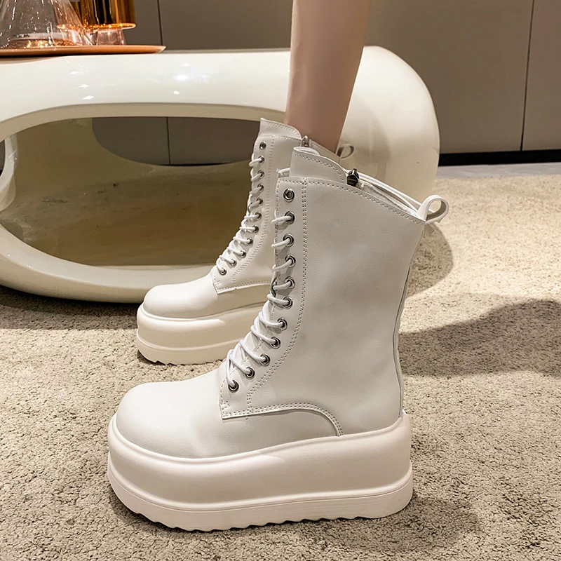 

Женские ботинки на платформе со шнуровкой, Короткие мотоциклетные ботинки на плоской подошве, на танкетке, Осень-зима 2022