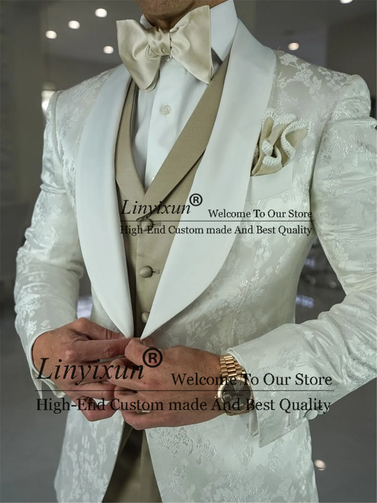 

Жаккардовые костюмы для мужчин, приталенный Комплект из трех предметов, пиджак, жилет, брюки, смокинг для жениха на свадьбу, деловой костюм для мужчин, белый пиджак