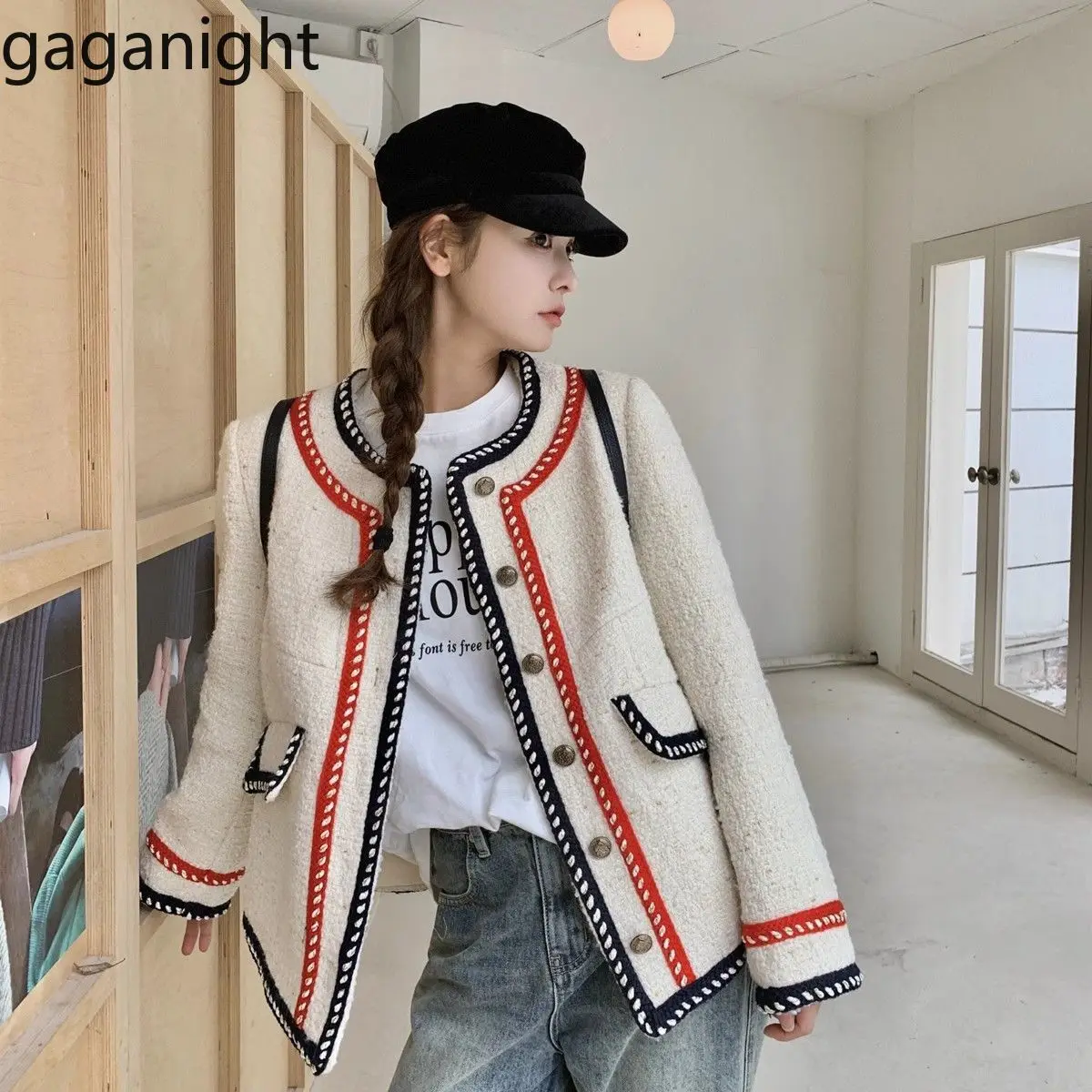 Gaganight Women Coarse Tweed Jacket 2024 Spring New Loose Temperament Retro Top Stylish Contrasting Colors Short Female