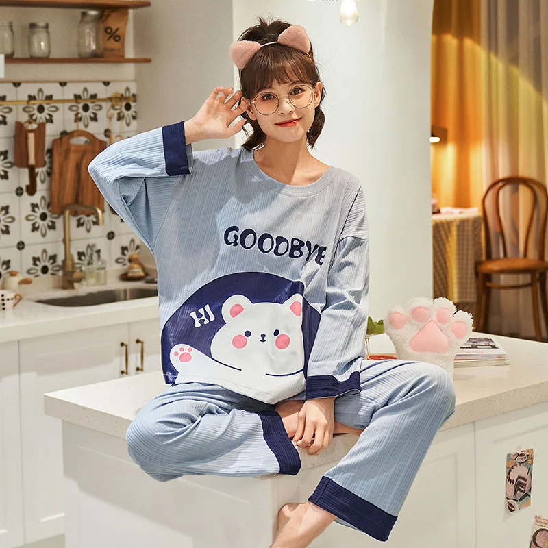 

Conjuntos de pijamas feminino dos desenhos animados malha algodão moda feminina manga longa pijamas terno 2 peças casual