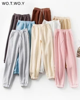 wotwoy winter high waist fleece pencil pants women solid drawstring thick trousers women casual cotton stacked sweatpants femme