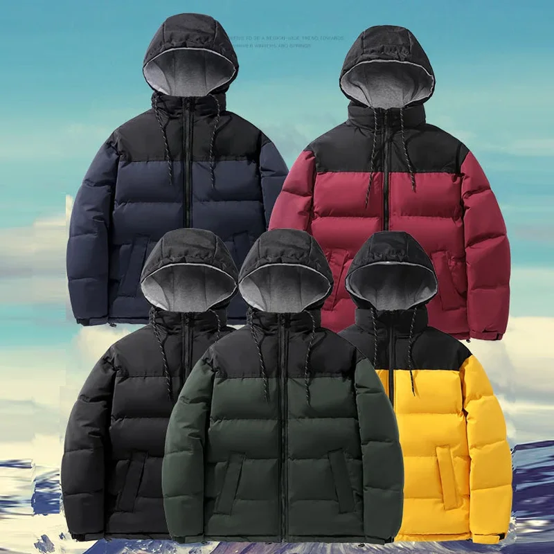 Men 2022 Winter New Casual Warm Thick Hat Parkas Jacket Patchwork Coats Casual Solid Color Loose Warm Down Puffer Jacket