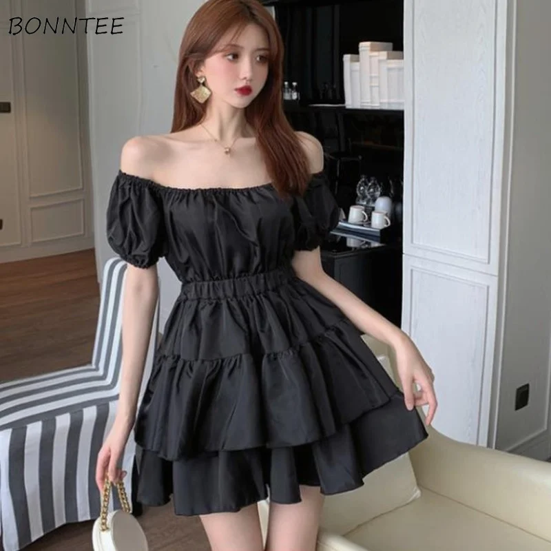 

Dress Women Short Slash Neck Ball Gown Sweet Tunic Summer Mini Vestido Princess All-match Fashion Ulzzang Preppy Holiday Cozy