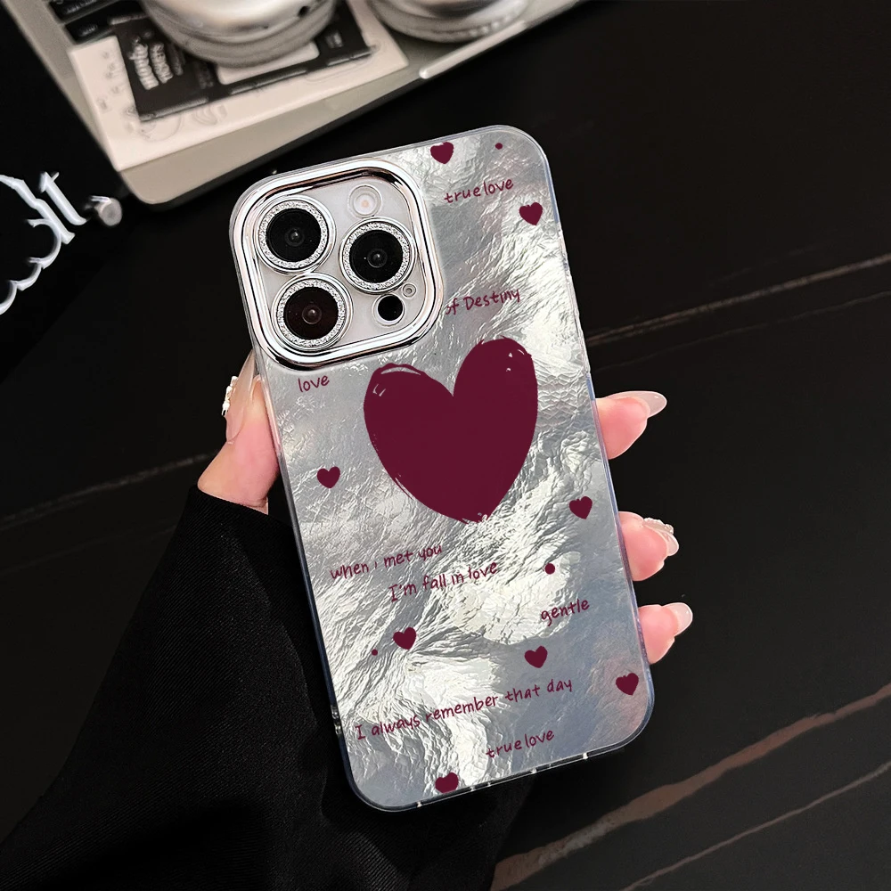 Чехол для телефона Wine Red Giant Heart для iPhone 17, 16, 14, 15, 13, 12, 11 Pro Max, 16, 15, 14 Plus, 17 Air с гальваническим покрытием линз и защитой от падений (art.: 3920db762bf34) - 3920db762bf34