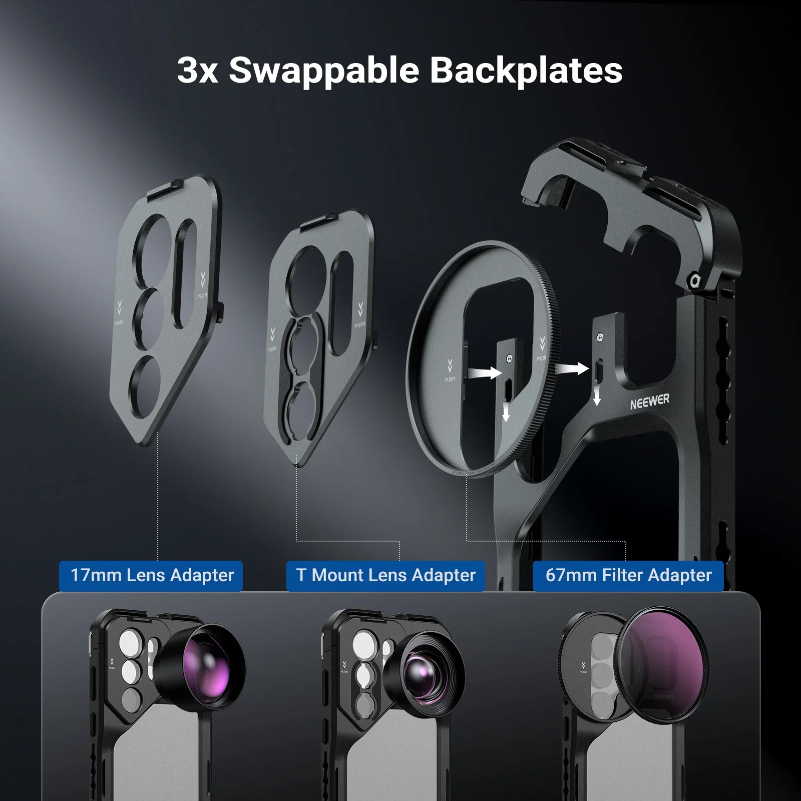 Фото NEEWER S26 Ultra Phone Cage: Мобильный видеориг-стабилизатор для смартфона, комплект для видеоблогинга с 3 задними панелями для фильтров 67 мм и объективов 17 мм с T-образным креплением №5