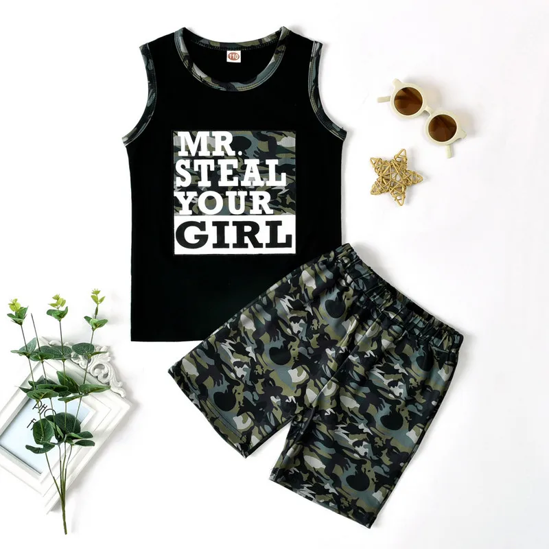 

Комплект одежды для маленьких мальчиков, жилет с круглым вырезом и камуфляжные шорты с эластичным поясом