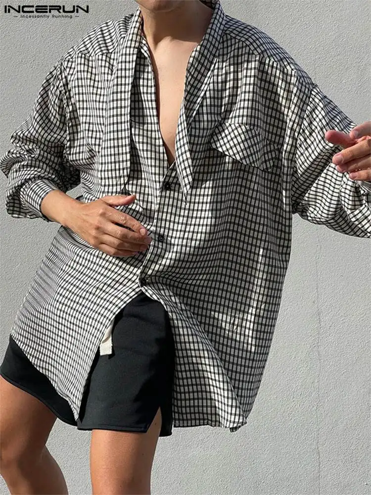 

Handsome Well Fitting Men's Tops INCERUN Plaid Bow Tie Blouse Casual All-match Simple Male Loose Long-sleeve Button Shirts S-5XL