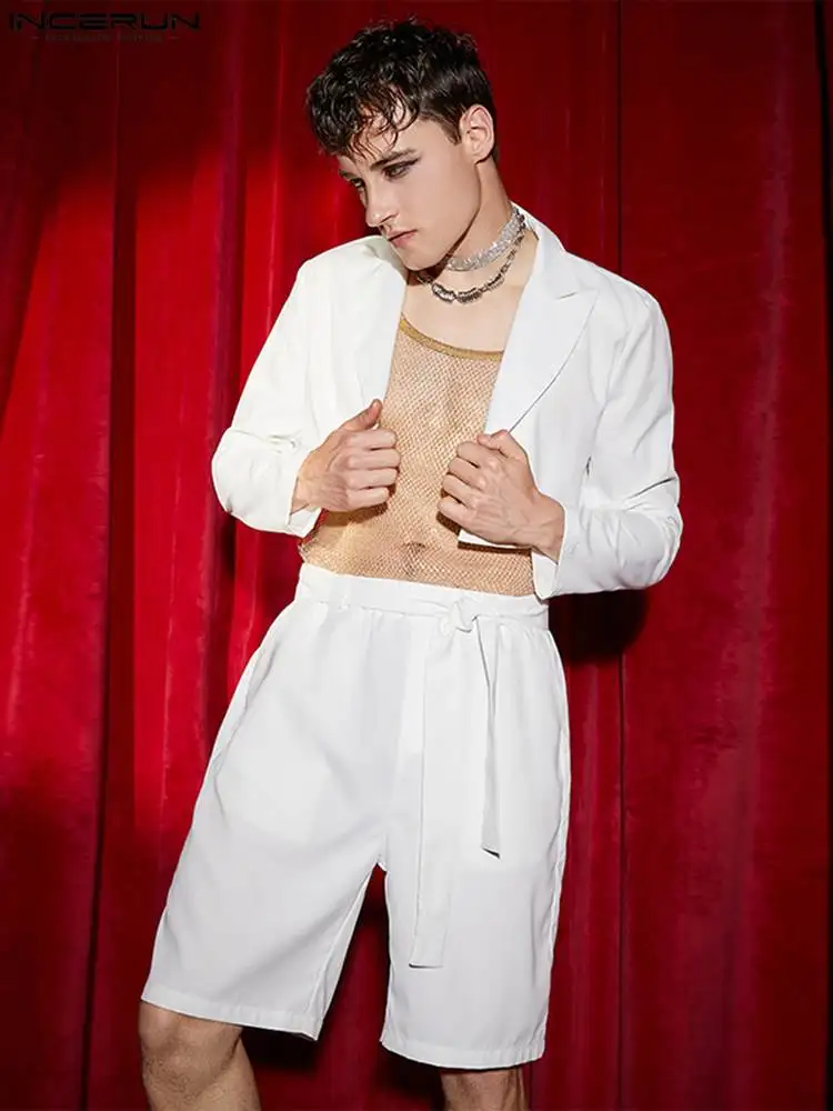 

2022 Fashion Men Sets Solid Streetwear Open Stitch Long Sleeve Crop Blazer & Lace Up Shorts 2PCS Men Casual Suits 5XL INCERUN 7