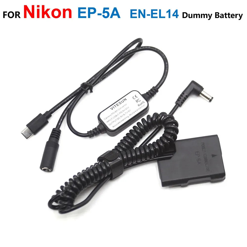 

EP-5A EN EL14 DC Couple Dummy Battery+EH-5A PD Charger USB Power Cable For Nikon D3200 D3300 D3400 D3500 D5200 D5300 D5500 D5600