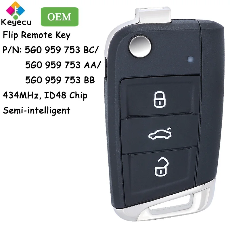 

KEYECU OEM Flip Remote Key With 3 Buttons for Volkswagen MQB Golf 7 Tiguan GTI for Skoda Octavia A7 Fob 5G0 959 753 BC/ AA/ BB