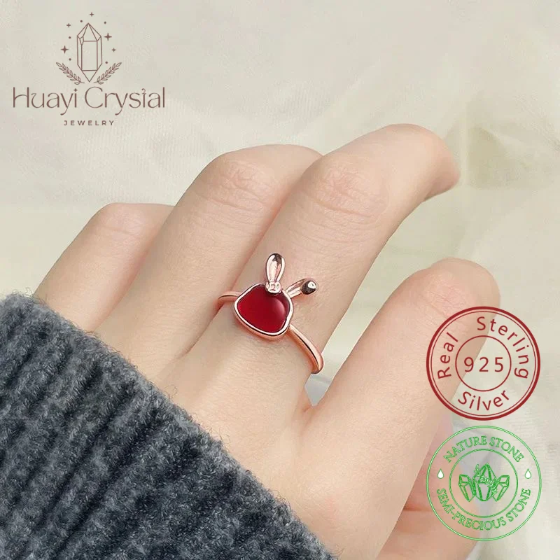 

National fashion design 925 sterling silver rich rabbit red agate ring female cute Chinese zodiac sign of rabbit open ring