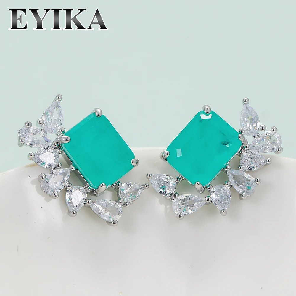 

EYIKA Elegant Silver Color Square Blue Paraiba Tourmaline Flower Stud Earrings Cubic Zircon Wedding Fine Jewelry Gift for Women