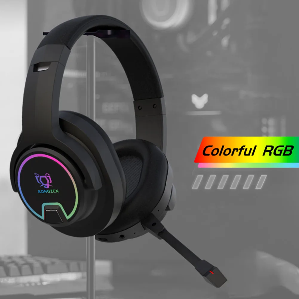 

Игровая гарнитура с RGB светодиодный, Bluetooth-совместимая с 5,0, спортивные наушники с активным шумоподавлением и микрофоном для телефона, ПК