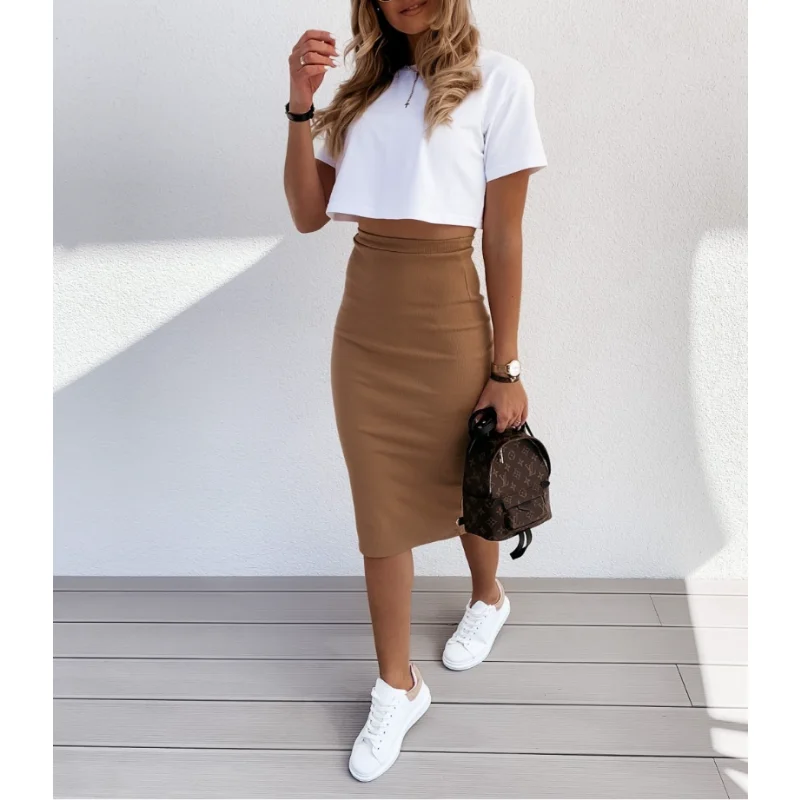 Dress Set Summer Skirt Short Sleeved T-shirt Knee-length Dress 2 Piece Sets Womens Outfits
