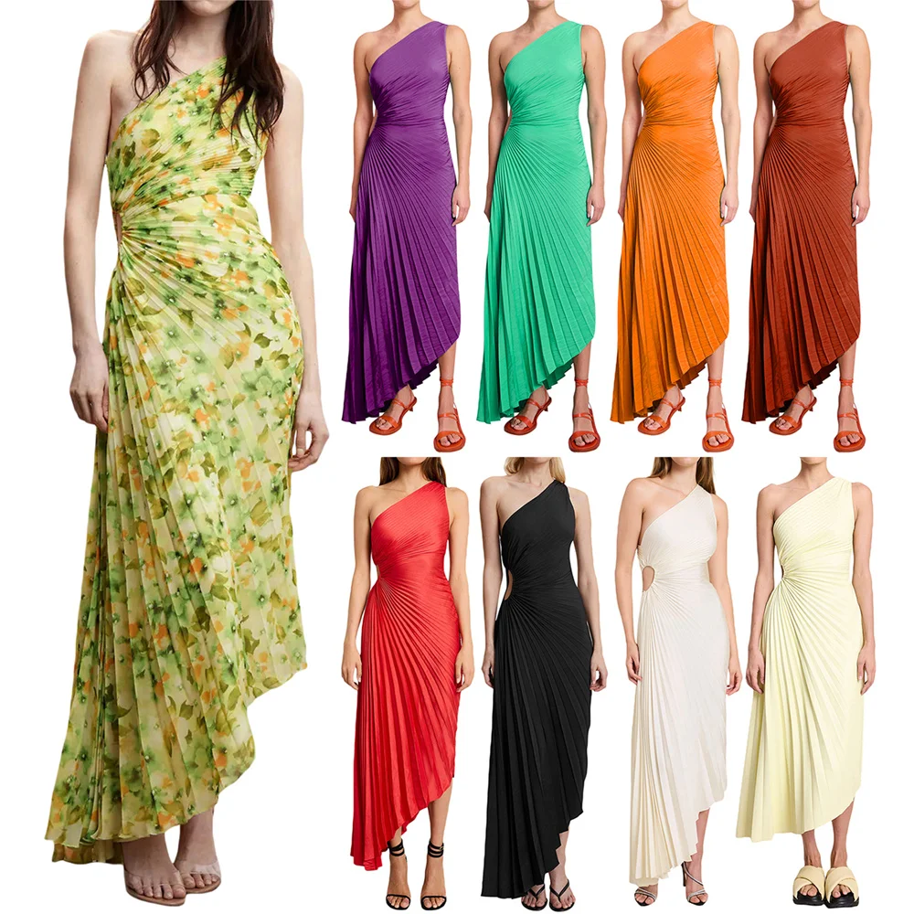 Douhoow женское Плиссированное длинное платье 2023 модное без рукавов на одно плечо