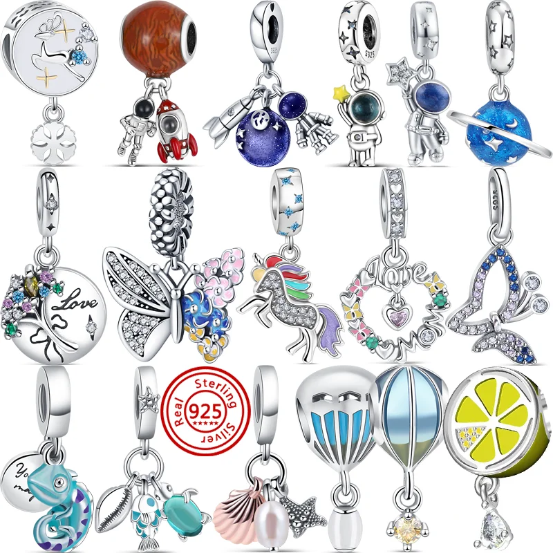 

925 Silver Colorful Zircon Tree Butterfly Unicorn Space Travel DIY Pendant Fit Original Brand Charm Bracelet Bead Jewelry Gift