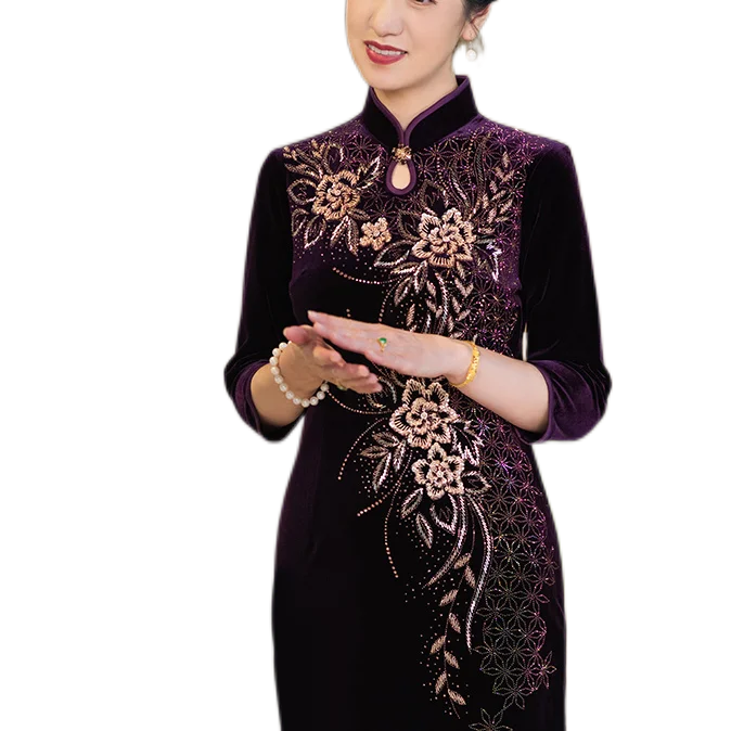 Платье-Ципао для гостей свадебной вечеринки бархатная юбка