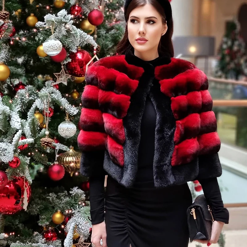 Natural Rex Rabbit Fur Jackets Women O-neck Fur Strip Sewed Toghter Short Tops Genuine Luxury Real Rex Rabbit Winter Coat Female