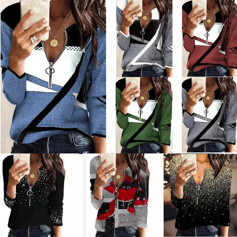 

Европейская американская весенне-осенне-зимняя модная женская одежда свитшот с V-образным вырезом и принтом с длинными рукавами на молнии