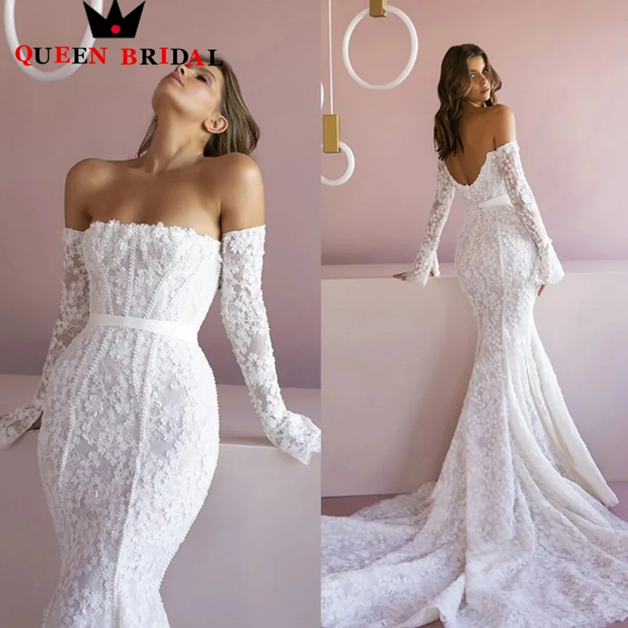 

Luxury Lace Floral Appliques Wedding Dresses Mermaid Long Sleeve Sexy Backless Bridal Gowns Abiti Da Sposa Custom QW21