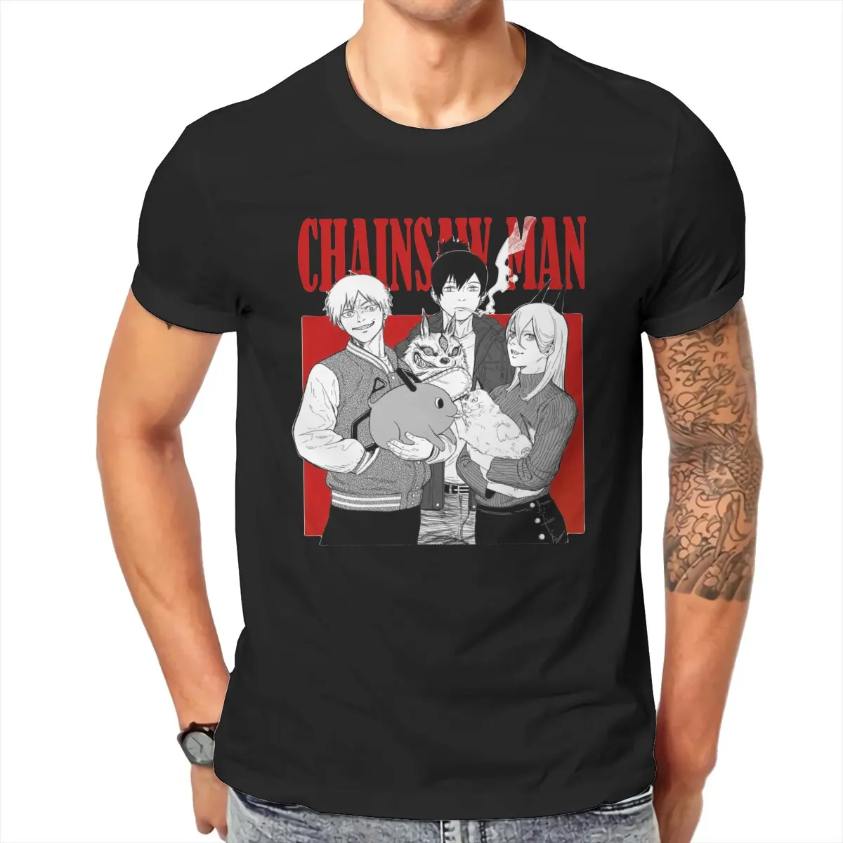 

Chainsaw Man Men's T Shirts Denji Aki Power Leisure Tees Short Sleeve Round Neck T-Shirt Cotton New Arrival Clothes