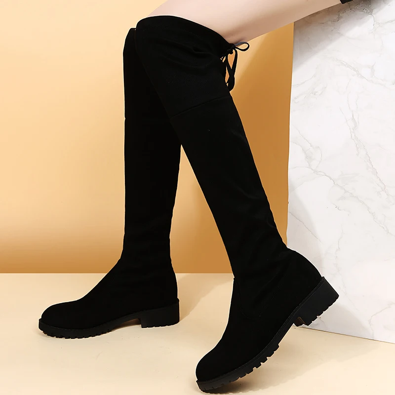 Женские сапоги-Челси выше колена теплые зимние сапоги на низком каблуке плоской