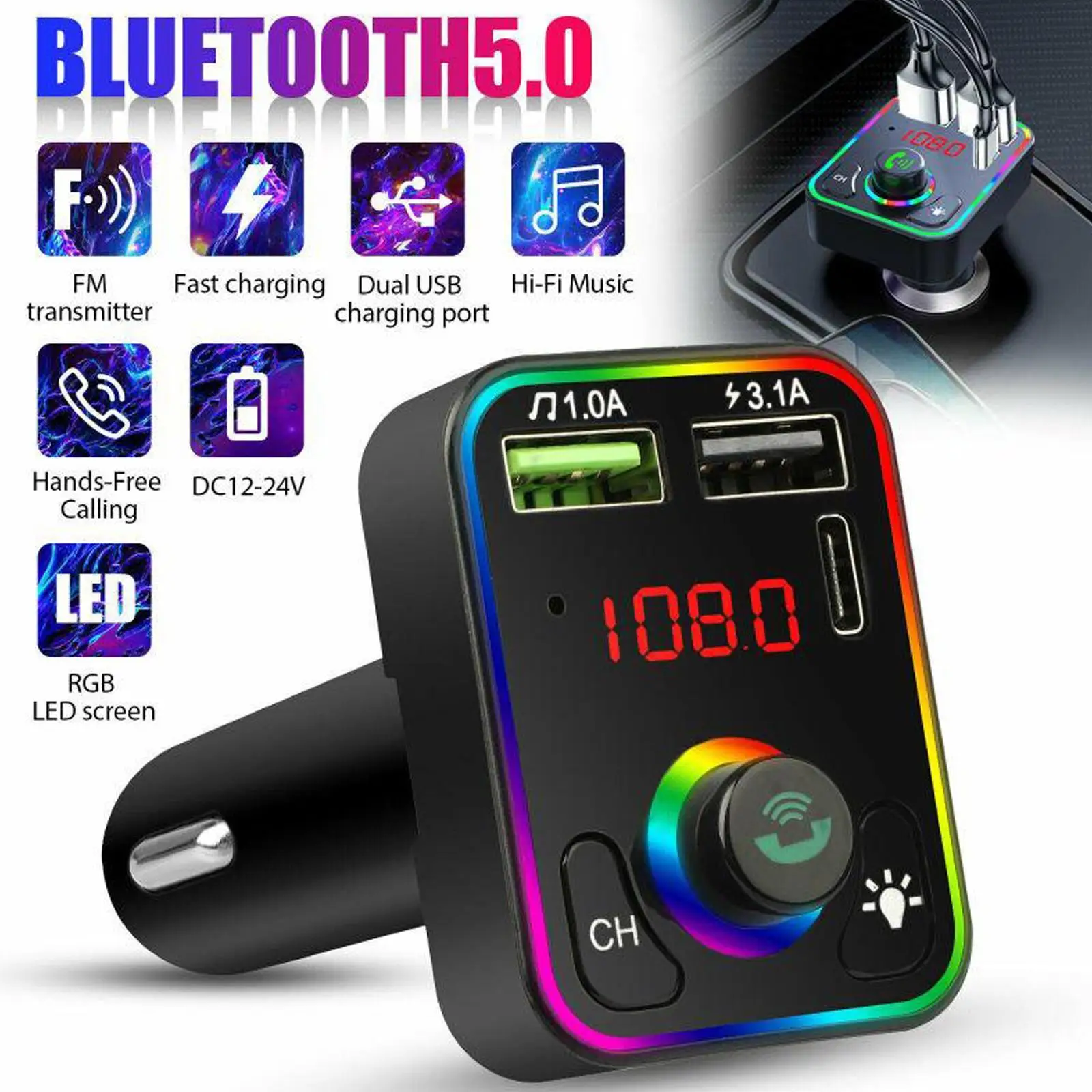 

Car Bluetooth 5.0 FM Transmitter Handsfree Audio Receiver MP3 Player TF/U Disk Handsfree Car Kit Adapter PD Type-c Fast Charger