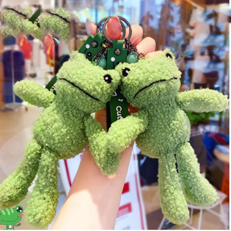 

Cartoon Ugly Smiling Face Green Frog Plush Doll Keychain Pendant Fashion Bag Ornaments Keyring for Keys Gift Jewelry Wholesale