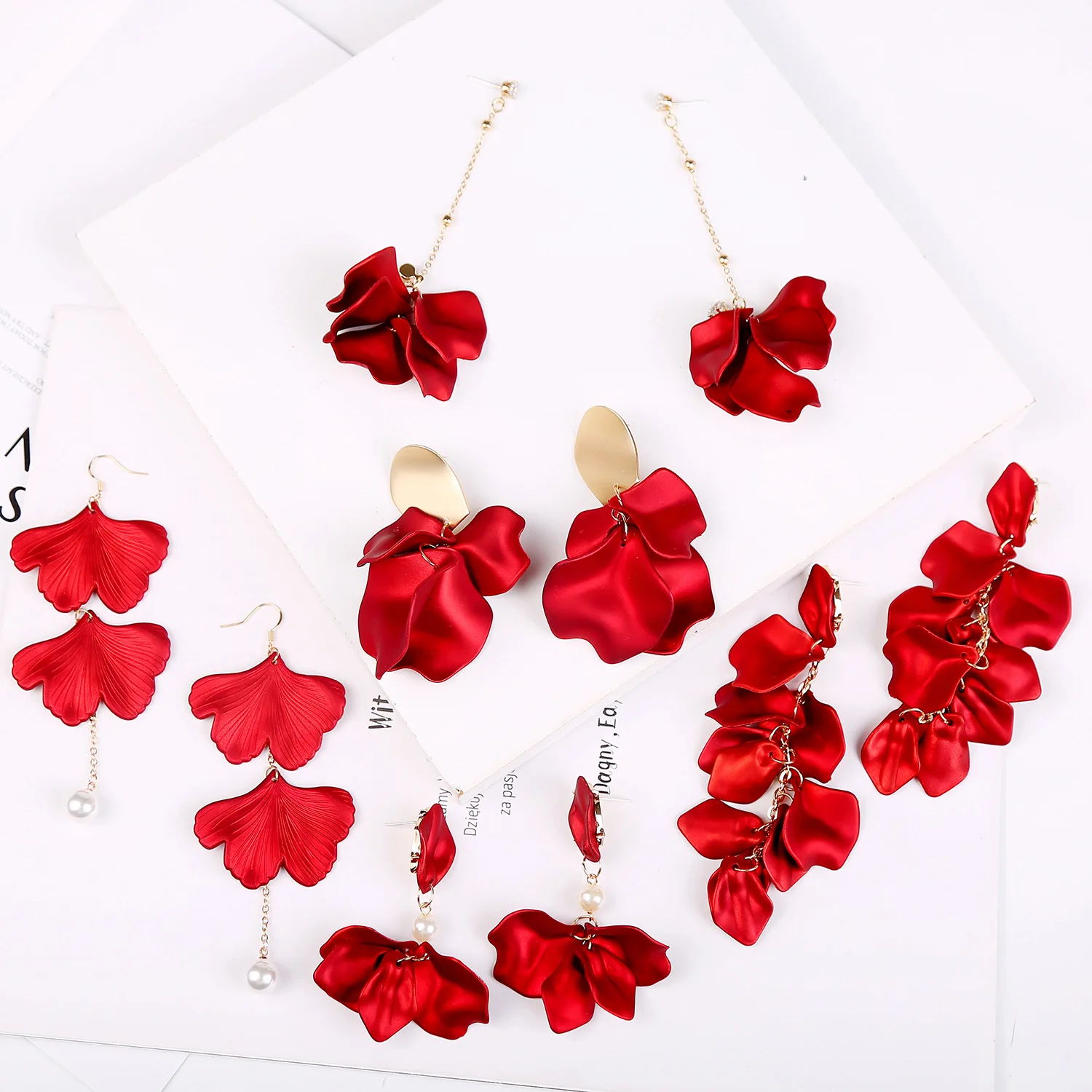 

New RoseL Red rose petal earrings Dramatic earrings Women's long fringe earrings