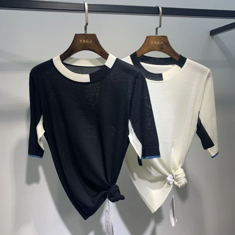 

2022 spring and autumn fashion cashmere sweater women's O-neck splicing short sleeve women's round neck Korean cashmere Casual S
