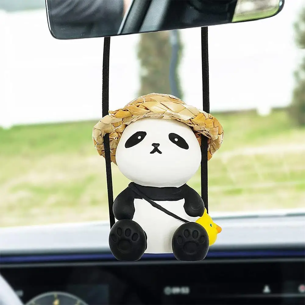 

Car Panda Straw Hat Pendant Panda Car Hanger Cartoon Car Mirror View Decor Accessories Anime Car Rear Interior Z6D8