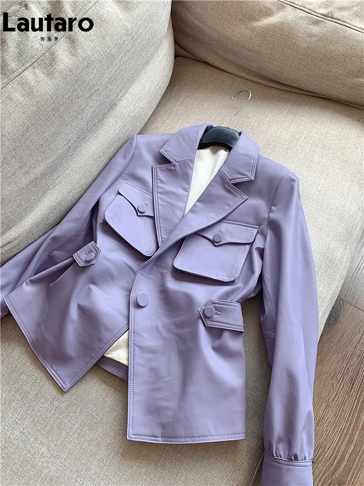 

Lautaro Spring Autumn Fitted Purple Soft Faux Leather Jackets for Women Pockets Lapel Elegant Luxury Vintage Korean Clothes 2022