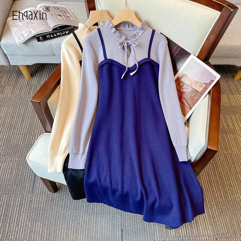 

EHQAXIN Women's Knitted Dress Fashion 22 Autumn Winter Contrast Splice A-Shaped Ear Lace-Up Sweater Dresseds For Ladies M-4XL