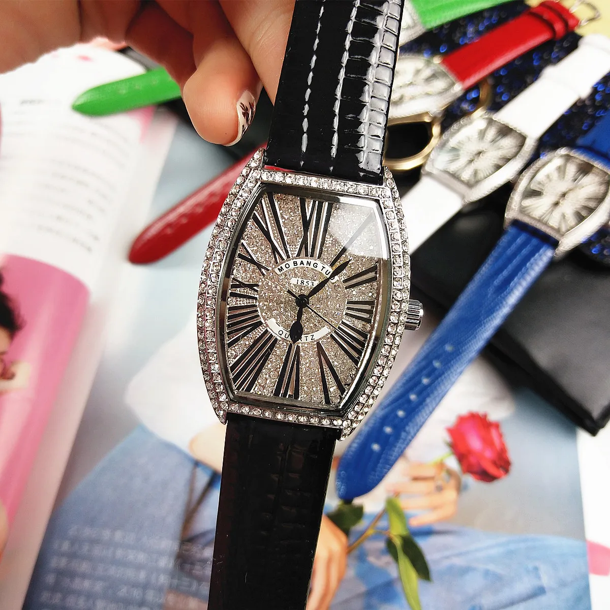 Ladies Diamond Watch Women Tonneau Dial Stone Iced Out Female Girls Wristwatch Rhinestone Luxury Genuine Leather Reloj