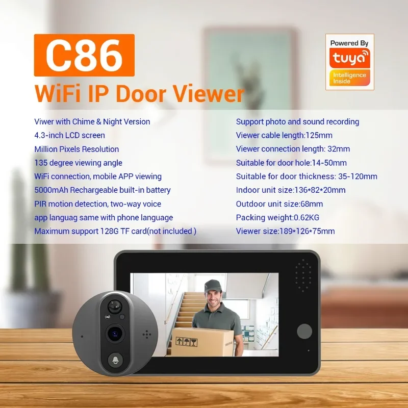 

C86 1080P Smart Digital Door Viewer WIFI Doorbell 4.3 Inch Screen Wide Angle PIR with Night Vision Chime Filming Sound Video