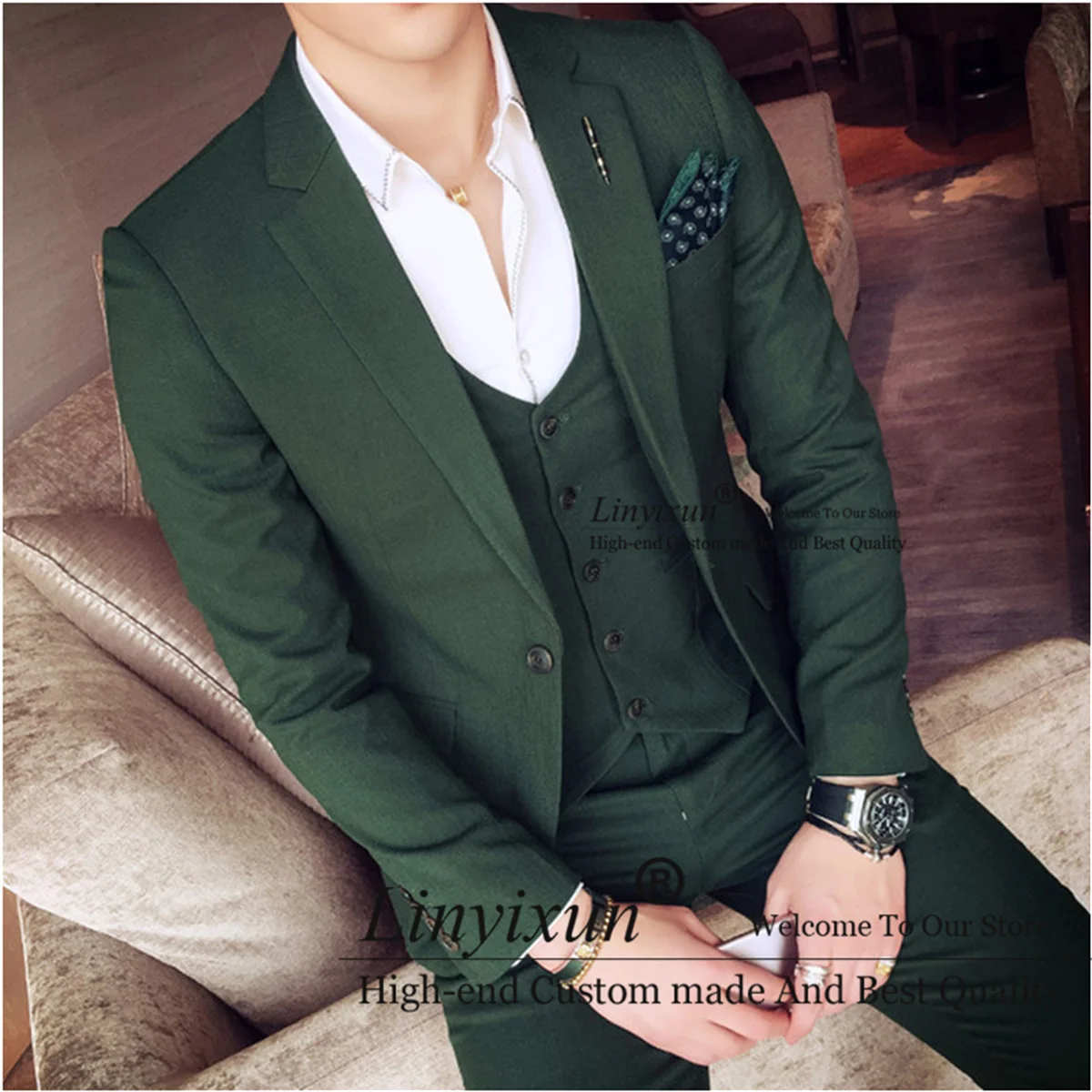 

Dark Green Mens Suits Slim Fit Groom Wedding Tuxedos 3 Pieces Set Business Male Blazers Vest Pants Outfit Costume Homme Marriage