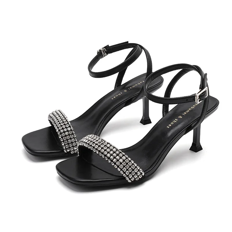 

Women's Sandals Summer New Fashion Rhinestone Buckle Strap PU 7CM Thin Heels Korean Style Dress Sandals Women Shoes black