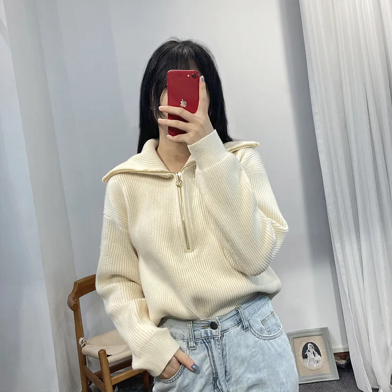 2023 Autumn Winter New MAJ* Women Sweater Pullovers Fashion Zipper Turndown Collar Loose Simple Casual Female Knitted Tops