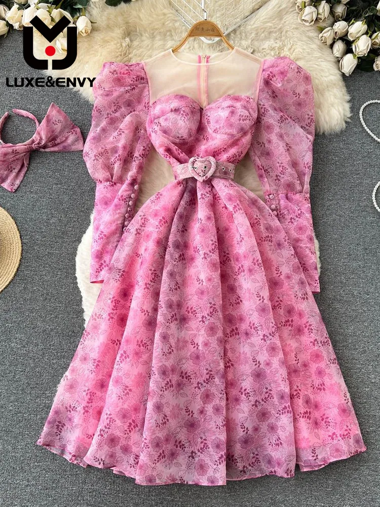 

Роскошное Сетчатое платье в стиле зависти с рукавом-пузырьком, лето 2023, женская одежда приталенная, и это красивый цветочный узор