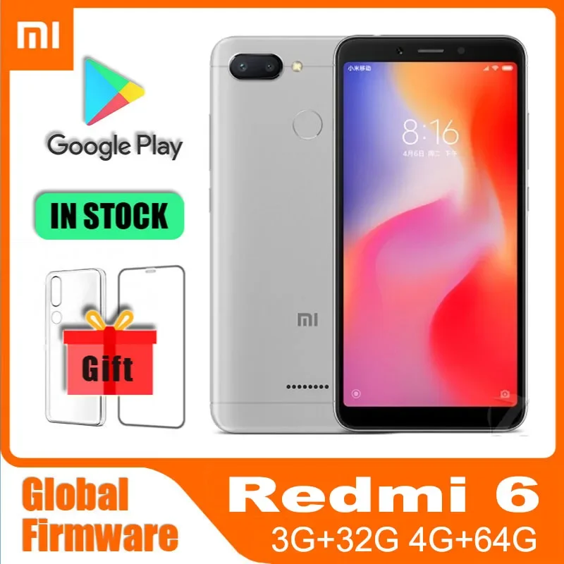 Смартфон Xiaomi Redmi 6 3 ГБ, 32 ГБ, полный экран 5,45 дюйма с googleplay мобильный телефон AI Face ing