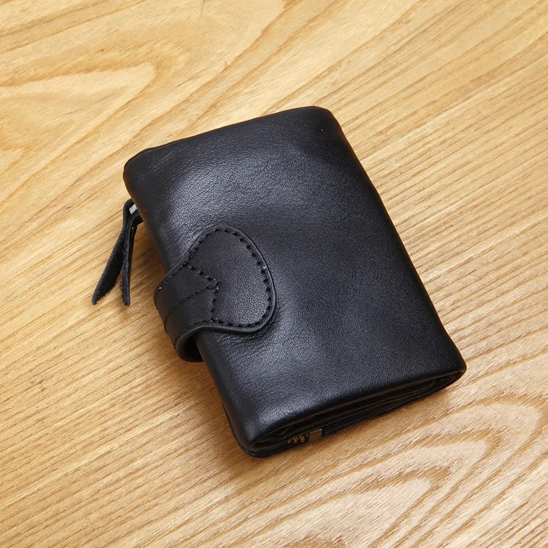 First layer cowhide mini large capacity men's women's small wallet soft natural genuine leather student short black coin purse
