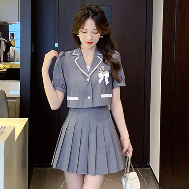 

Preppy College JK Style 2 Piece Sets Fashion Bow Short Blazer Shirt&Mini Pleated Skirt Suits Student Girl 2pc Uniform Outfits
