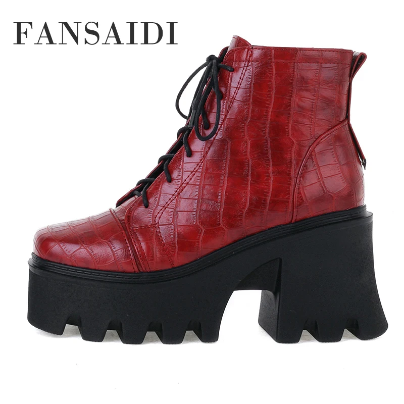 

FANSAIDI High Heel Square ToePlatform Red Ankle Boots Cross Tied Clear Heels Boots Lady Autumn Winter Party Shoes 40 41 42 43