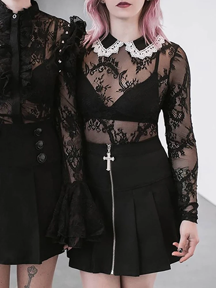 Goth Dark кружевные женские готические сексуальные черные футболки Гранж