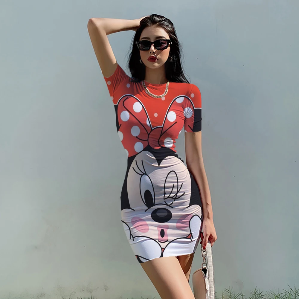 Disney Mickey Minnie Mouse Dress Women Fashion Print O-Neck Short sleeve Summer Mini Dresses Bodycon Slim Casual Pencil Vestidos
